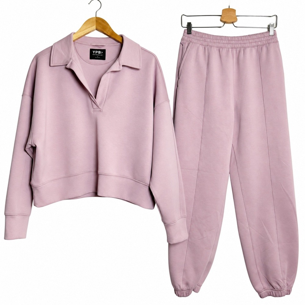 YPB Abercrombie neoKNIT Set Womens M Mauve Pink Collared Sweatshirt Joggers